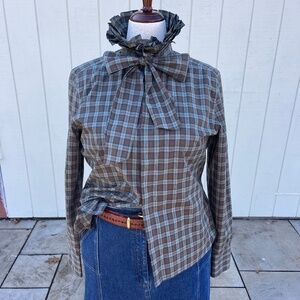 Ralph Lauren Black Label Tartan Ruffle High Neck Secretary Bow Size 14